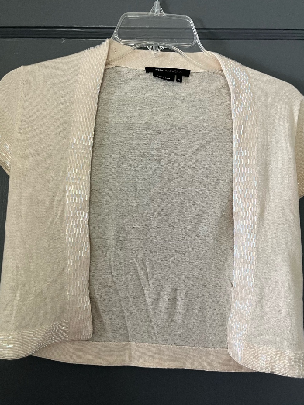 BCBG Short-Sleeve Open Cardigan in Cream with Iridescent Trim